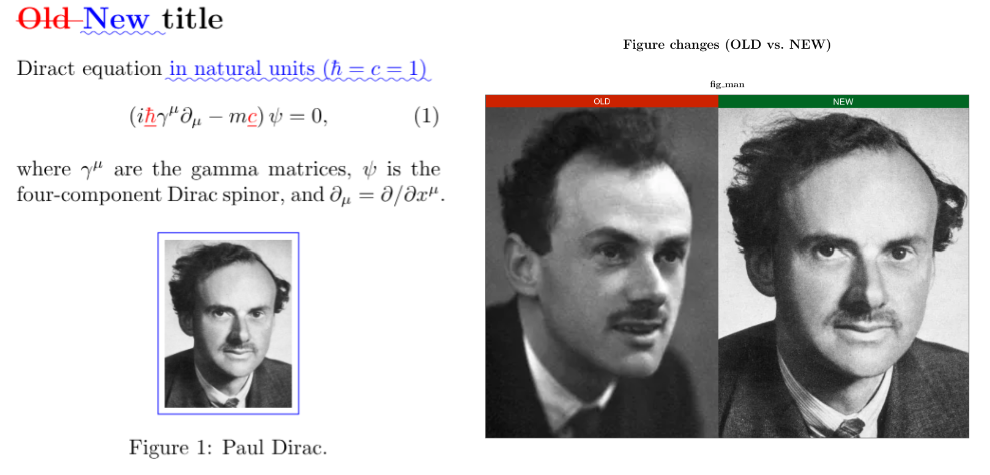 Example diff PDF: old text struck out in red, new text underlined in blue, and an OLD vs NEW side-by-side figure comparison